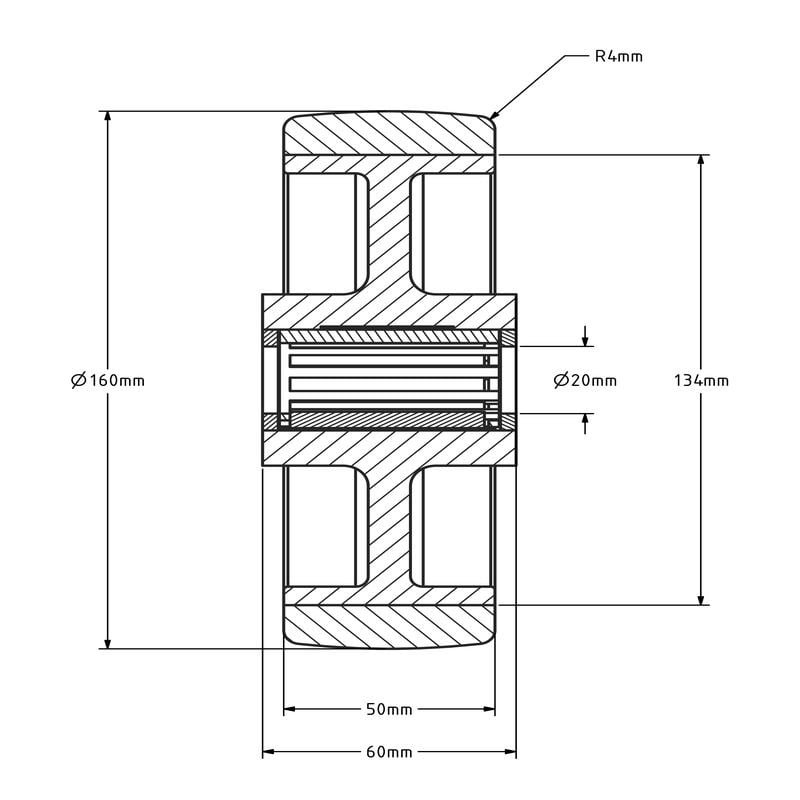 Kóło PU 160 mm - otwór łożyska wałeczkowego 20 mm - 350 kg