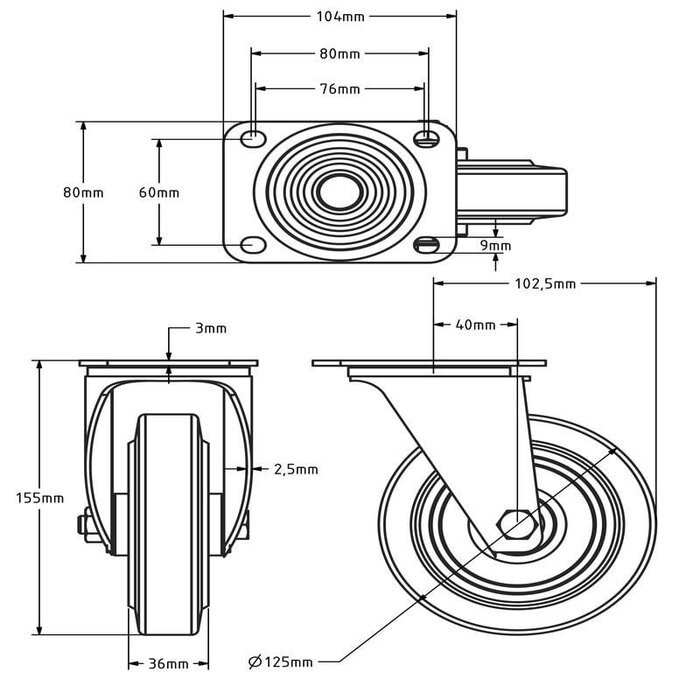 Czarne kółko obrotowe 125 mm - łożysko rolkowe - 200 kg