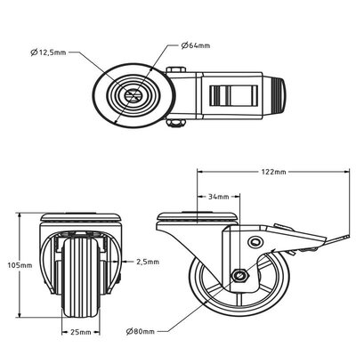 Gumowe kółka obrotowe z hamulcem 80 mm - łożysko rolkowe - 50 kg