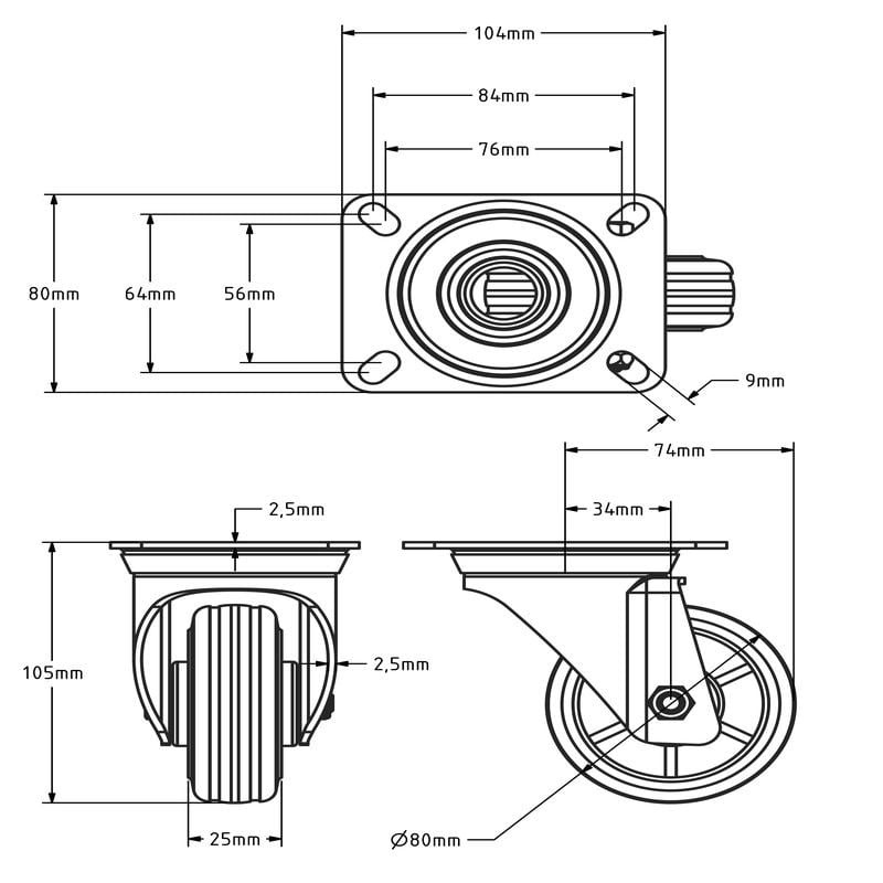 Gumowe kółko obrotowe 80 mm - łożysko wałeczkowe - 50 kg