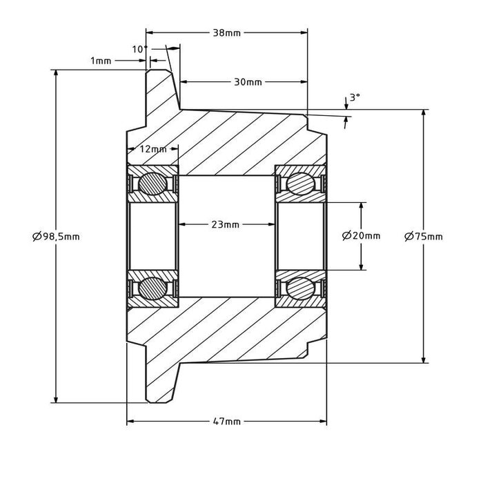Koło kołnierzowe 75 mm - żeliwo - 800 kg