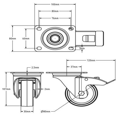 Kółko obrotowe ze stali nierdzewnej z hamulcem 80 mm Nylon - łożysko rolkowe - 120 kg