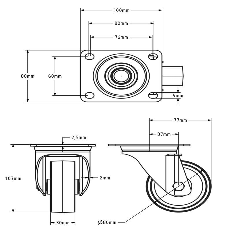 Kółko obrotowe ze stali nierdzewnej 80 mm Nylon - łożysko wałeczkowe - 120 kg