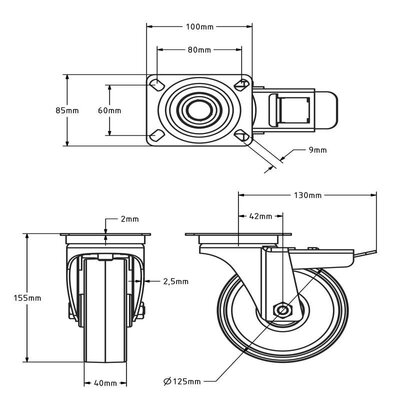 Kółka obrotowe ze stali nierdzewnej z hamulcem 125 mm - Nylon - 150 kg