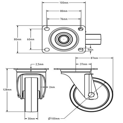 Kółka obrotowe ze stali nierdzewnej 100 mm - Nylon - 150 kg