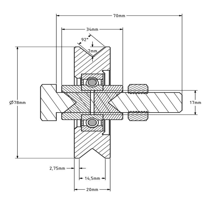 Kóło rowkowe 80 mm z rowkiem V - 200 kg