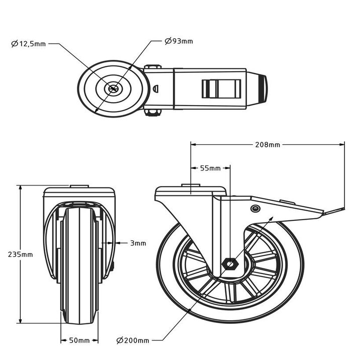 Elastyczne gumowe kółko obrotowe z hamulcem 200 mm - otwór na śrubę - łożysko kulkowe - 450 kg