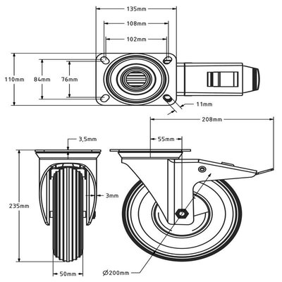 Kółka obrotowe z hamulcem 200 mm - spieniony PU - 100 kg