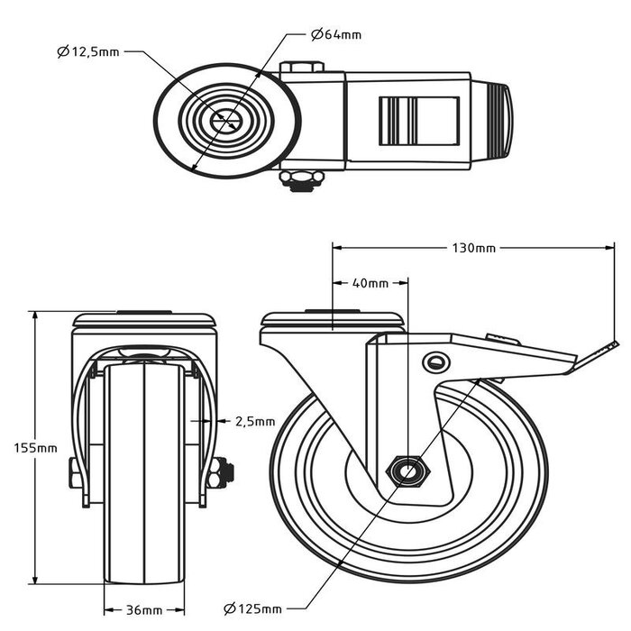Kółka obrotowe PU z hamulcem 125 mm - 200 kg
