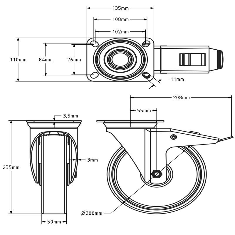 Kółka obrotowe PU z hamulcem 200 mm - łożysko rolkowe - 400 kg