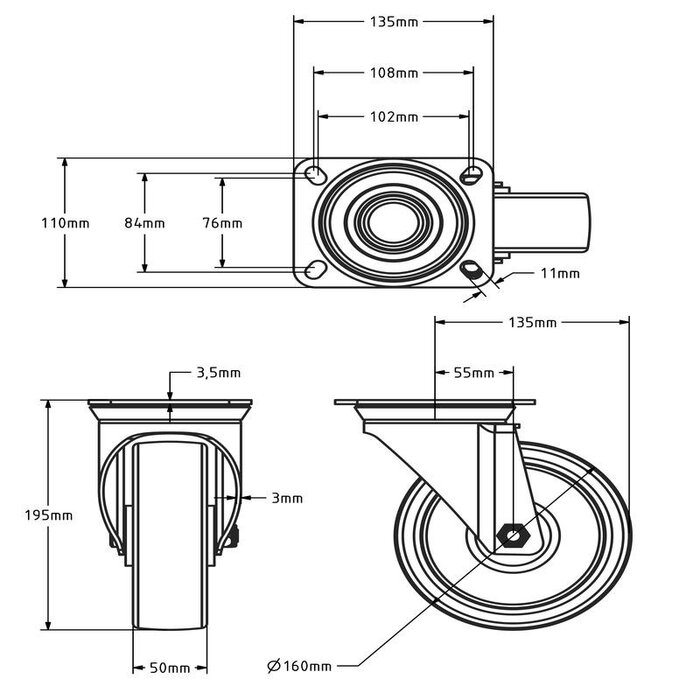 Kółko obrotowe PU 160 mm - 300 kg