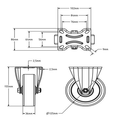 PU kółko stałe 125 mm - łożysko kulkowe - 200 kg