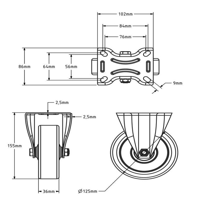 PU kółko stałe 125 mm - łożysko kulkowe - 200 kg