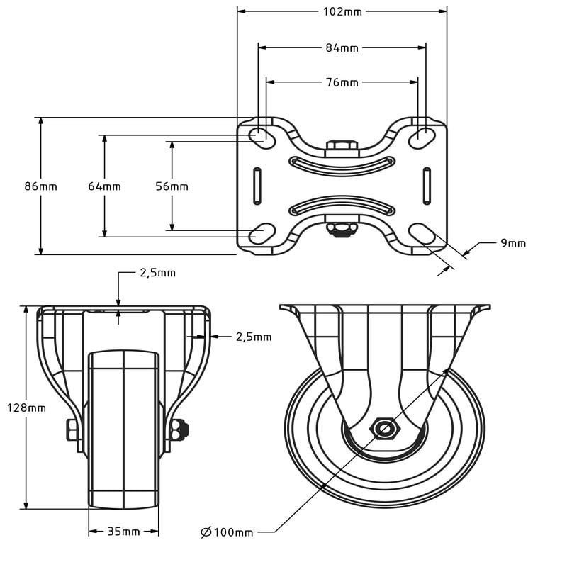 Kółko stałe PU 100 mm - łożysko kulkowe - 150 kg