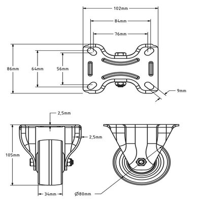 Kółko stałe PU 80 mm - łożysko kulkowe - 120 kg