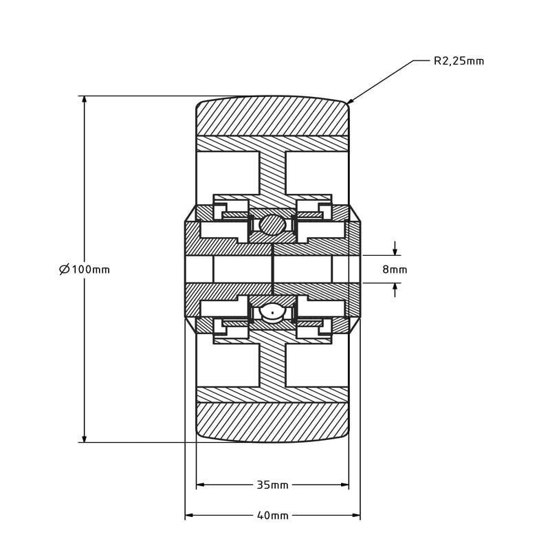 Kółko PU 100 mm - otwór łożyska kulkowego 8 mm - 150 kg