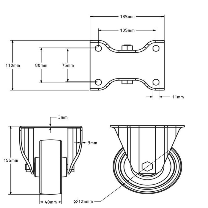 Stal nierdzewna kółko stałe 125 mm - Nylon - 350 kg