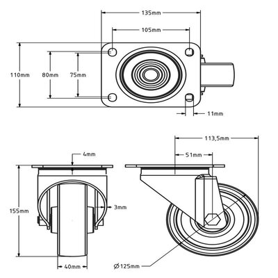 Stal nierdzewna kółko obrotowe 125 mm - Nylon - 350 kg