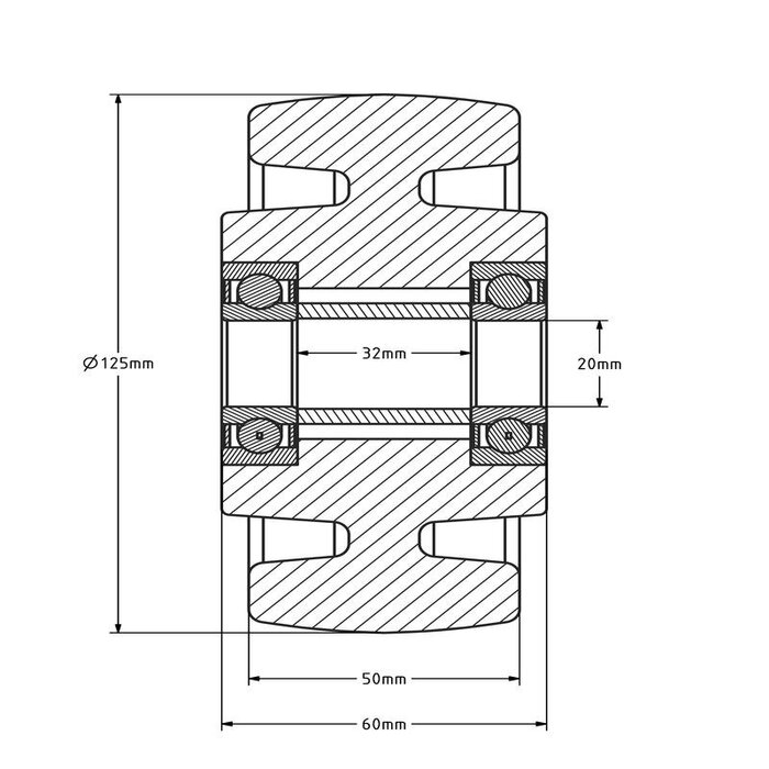 Kółko nylonowe 125 mm - otwór łożyska kulkowego 20 mm - 800 kg
