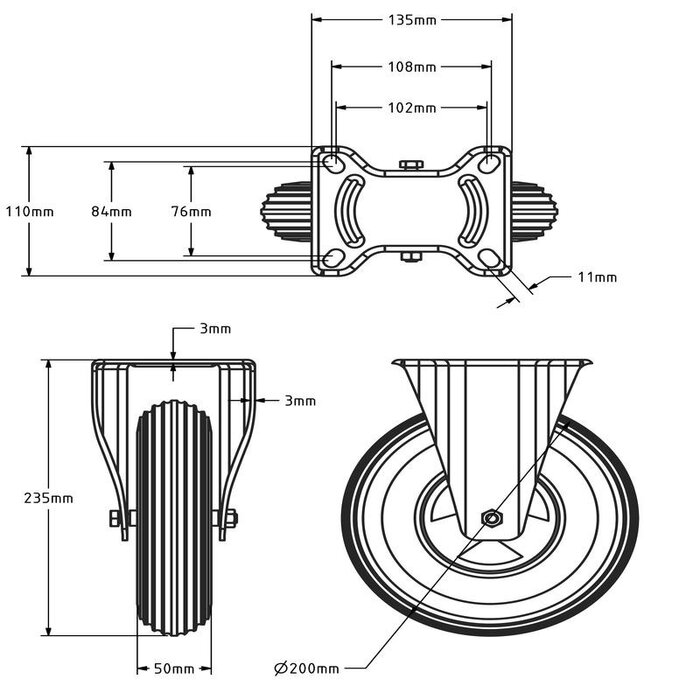 Kółko stałe z zabezpieczeniem przed wyciekiem 200 mm - spieniony PU - 100 kg