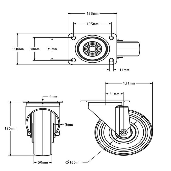 RVS PU kółko obrotowe 160 mm - łożysko kulkowe - 450 kg