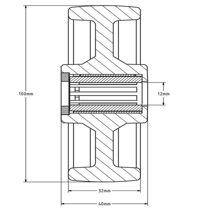 Kóło PU 100 mm - otwór łożyska wałeczkowego 12 mm - 150 kg