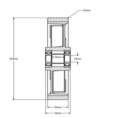Kóło PU 250 mm - otwór łożyska kulkowego 20 mm - 1000 kg