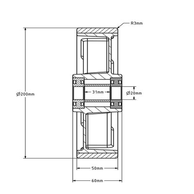 Kóło PU 200 mm - otwór łożyska kulkowego 20 mm - 900 kg