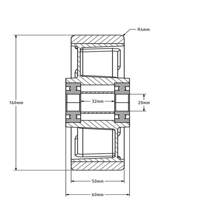 Kóło PU 160 mm - otwór łożyska kulkowego 20 mm - 800 kg