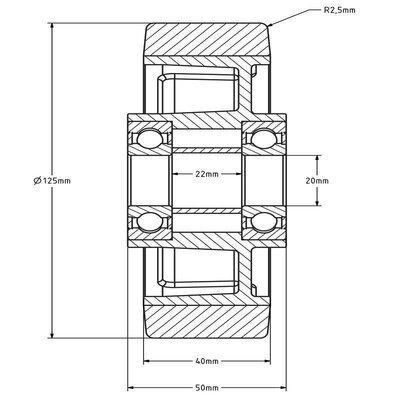 Kóło PU 125 mm - otwór łożyska kulkowego 20 mm - 350 kg