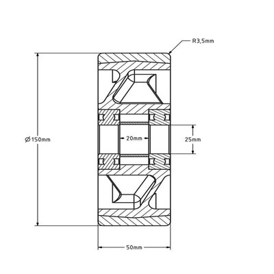 Kóło PU 150 mm - otwór łożyska kulkowego 25 mm - 700 kg