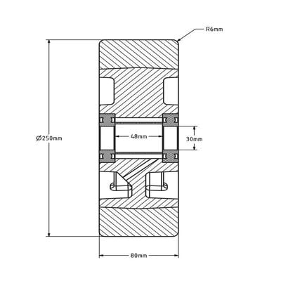 Kóło PU 250 mm - otwór łożyska kulkowego 30 mm - 1800 kg