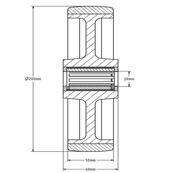 Kóło PU 200 mm - otwór łożyska wałeczkowego 20 mm - 400 kg