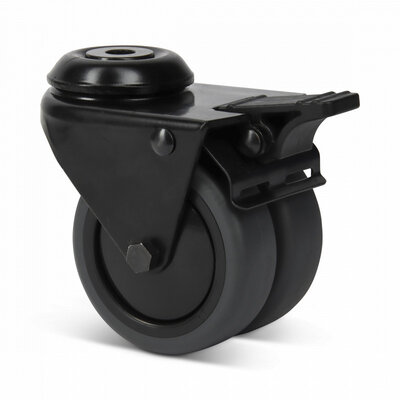 Podwójne czarne kółko obrotowe z hamulcem 75 mm - otwór na śrubę - 100 kg