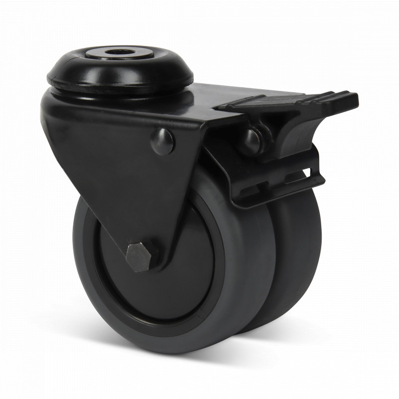 Podwójne czarne kółko obrotowe z hamulcem 75 mm - otwór na śrubę - 100 kg