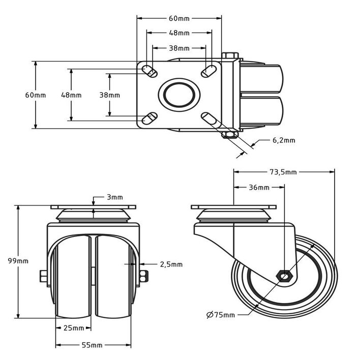 Podwójne czarne kółko obrotowe 75 mm - płyta - 120 kg