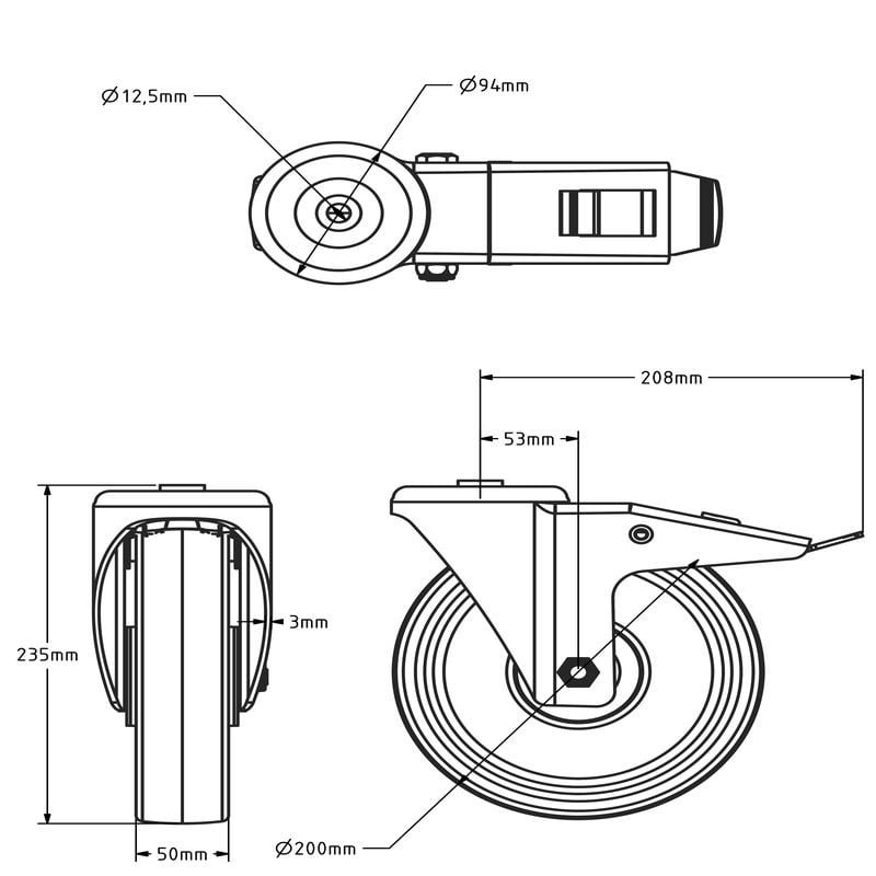 PU Kółko obrotowe z hamulcem 200 mm - łożysko kulkowe - 400 kg