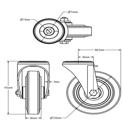 Czarne kółko obrotowe 125 mm - łożysko rolkowe - 200 kg