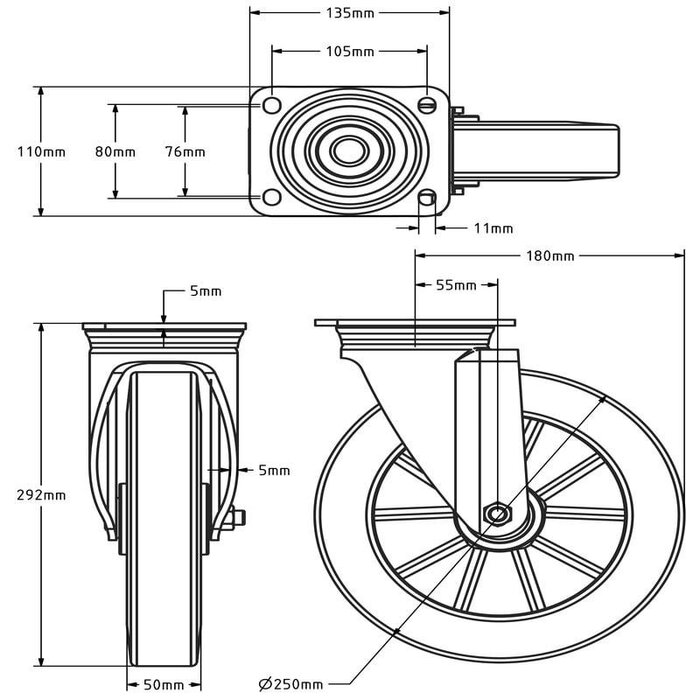 Gumowe kółko obrotowe 250 mm - łożysko kulkowe - 500 kg