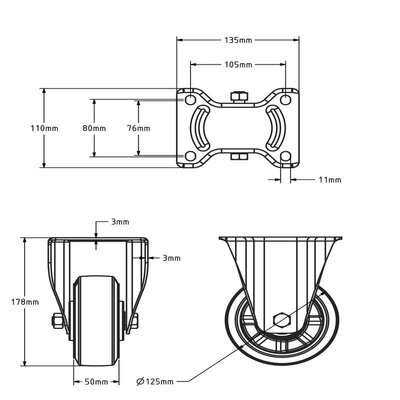 Gumowe kółka obrotowe z hamulcem 125 mm - łożysko kulkowe - 300 kg