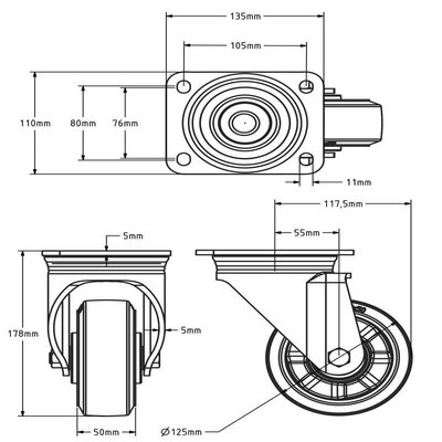Gumowe kółko obrotowe 125 mm - łożysko kulkowe - 300 kg