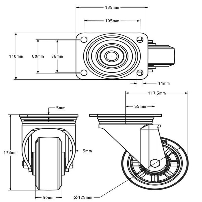 Gumowe kółko obrotowe 125 mm - łożysko kulkowe - 300 kg