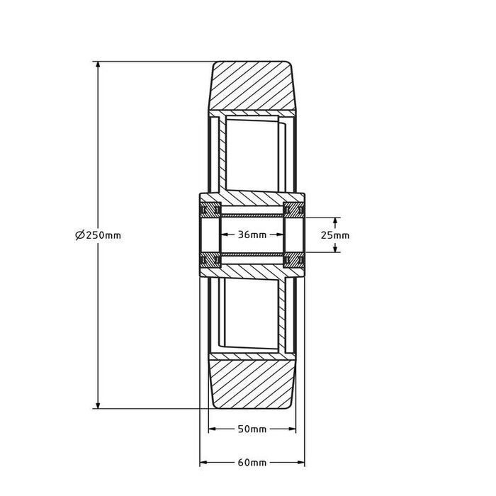 Kółko gumowe 250 mm - otwór łożyska kulkowego 25 mm - 500 kg