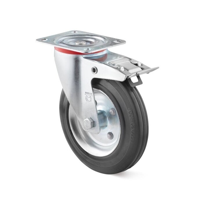 Pełnogumowe kółko obrotowe z hamulcem 200 mm - stalowa felga i płyta - 205 kg