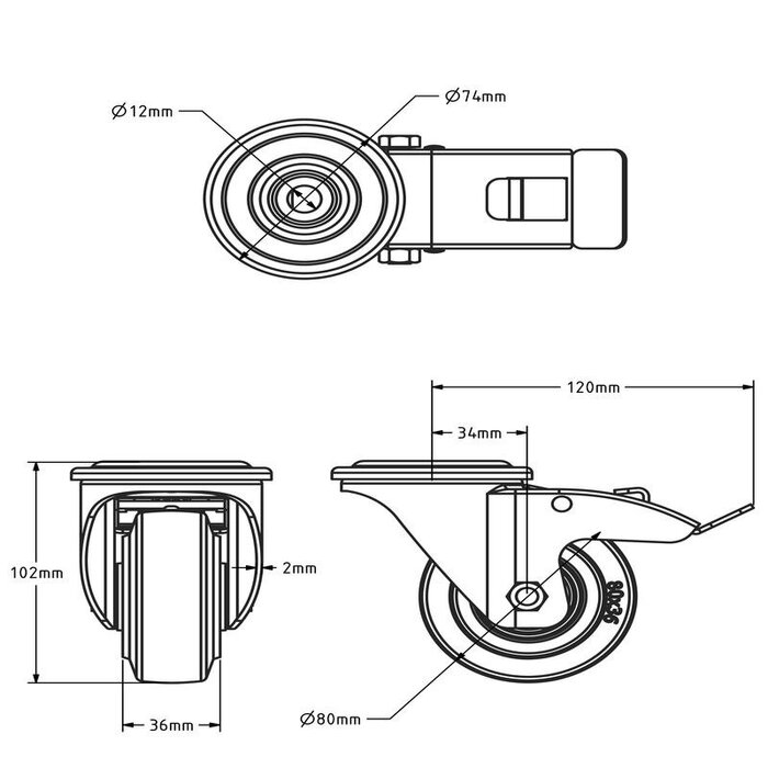 Kółka obrotowe ze stali nierdzewnej z hamulcem 80 - Elastyczna guma - 110 kg