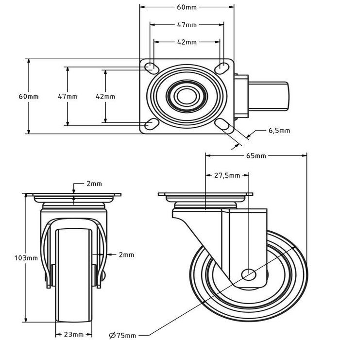 Kółka obrotowe ze stali nierdzewnej 75 mm - Guma - 60 kg