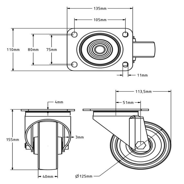 Stal nierdzewna kółko obrotowe 125 mm - Nylon - 500  kg