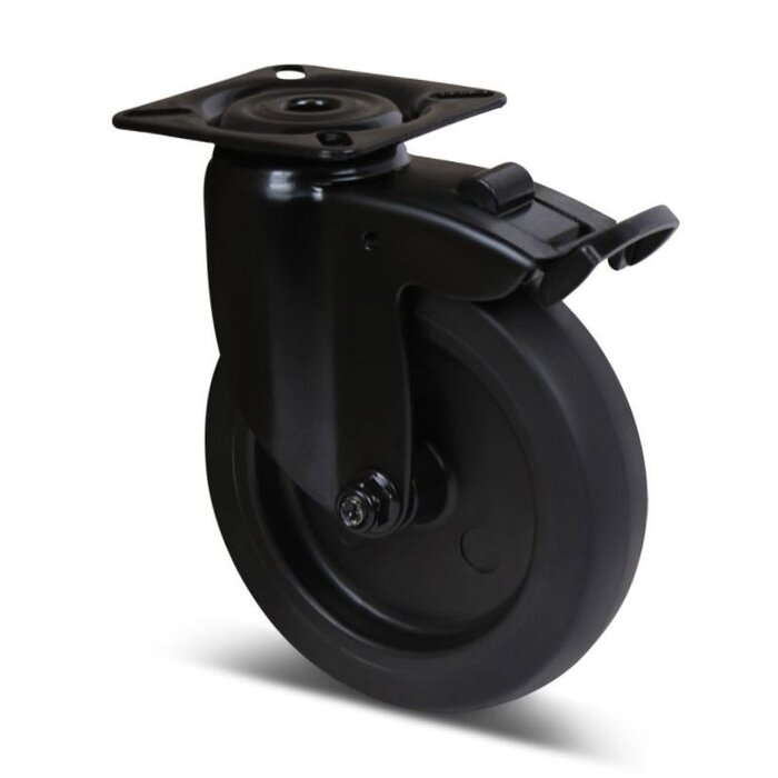 Czarne kółko obrotowe z hamulcem 100 mm - płytka - 80 kg
