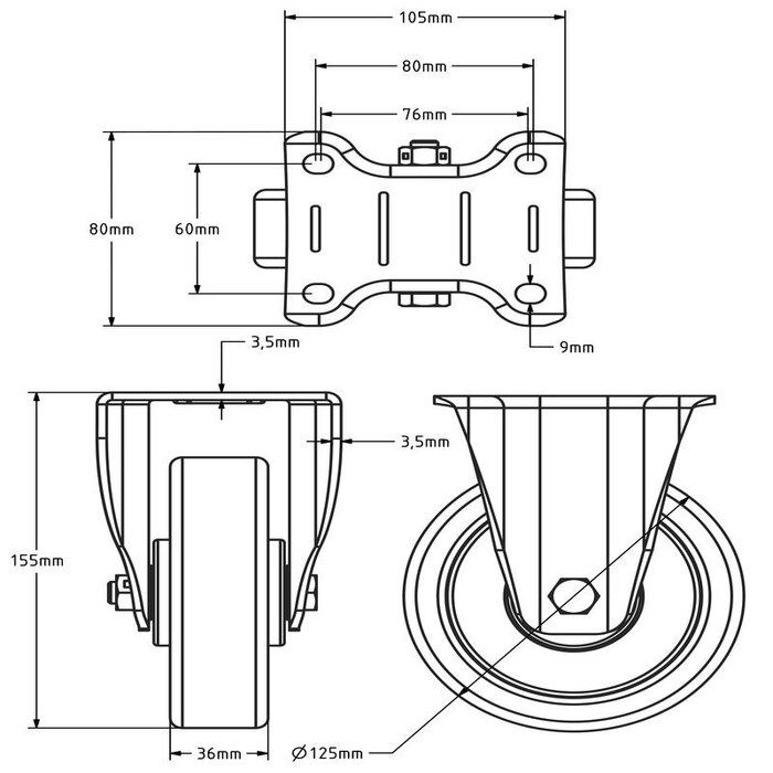 Gumowe kółko stałe 125 mm - łożysko kulkowe - 250 kg
