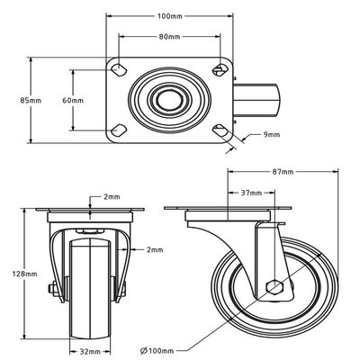 Kółko obrotowe ze stali nierdzewnej 100 mm - Guma - 100 kg